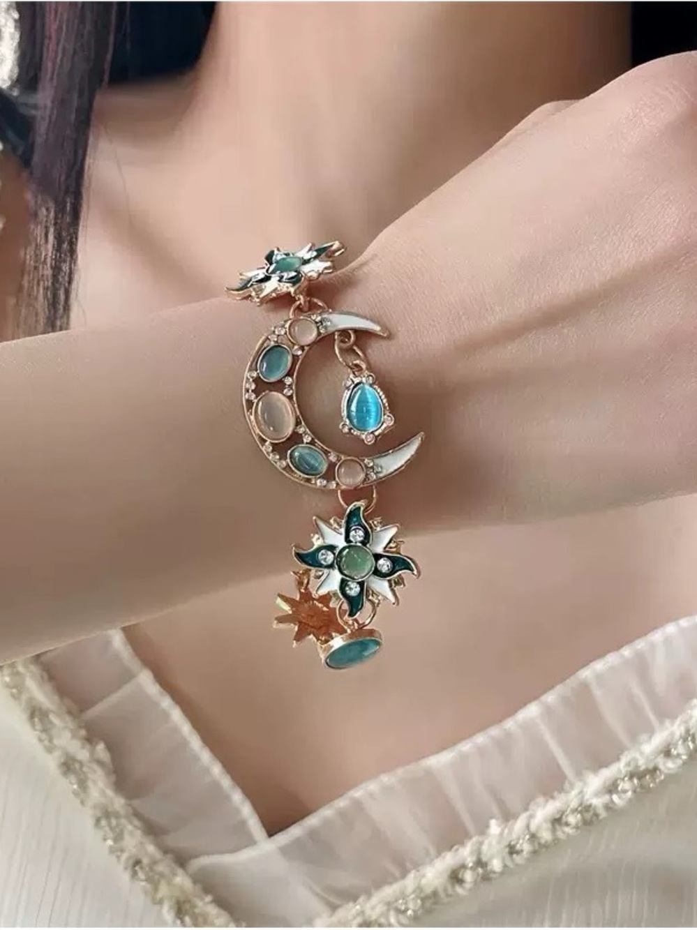 Anthropologie Gold Crescent & Teal Stone Charm Bracelet